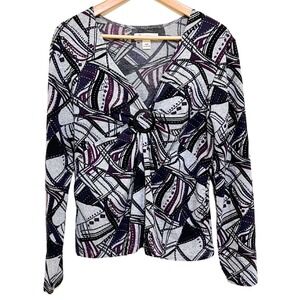Abstract Silver Sparkle Purple Black Buckle V-Neck Blouse – Tradition, M (10-12)
